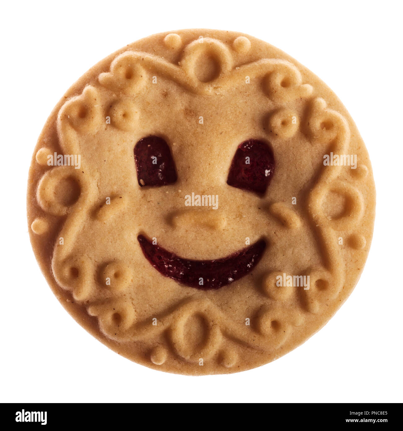 Lächelnd Cookie mit Marmelade gefüllt, auf weißem Hintergrund Stockfoto