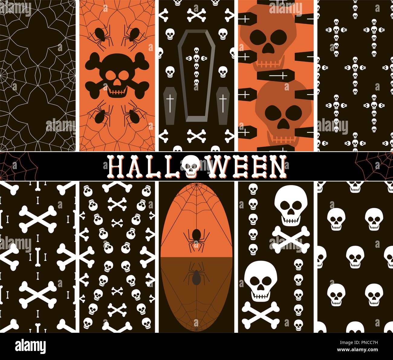 Set mit 10 verschiedenen nahtlose Spooky Halloween Muster. Web, Spinnen, Schädel, Särge, Kreuze, Knochen. Schwarz, weiß, orange Farben Stock Vektor