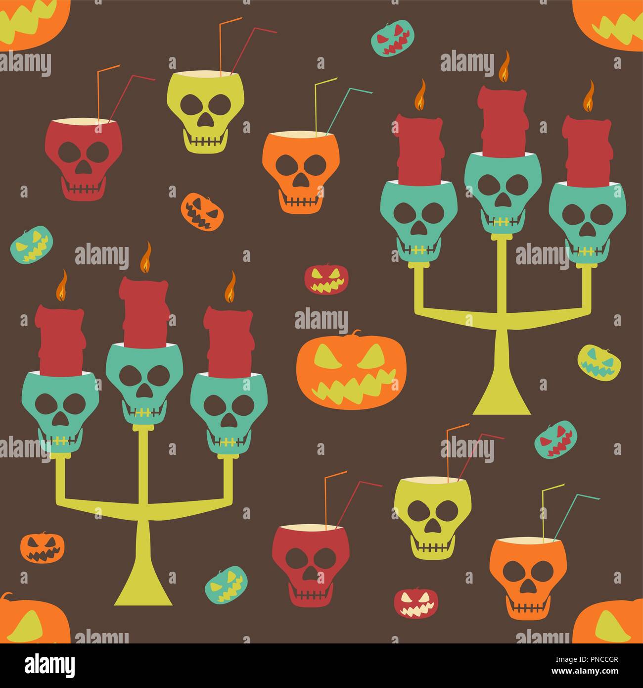 Halloween Party nahtlose Muster. Böse Kürbisse, menschlichen Schädel als Kerzenhalter und Becher mit trinkhalmen. Verrückt bunte Vektor illustration Stock Vektor