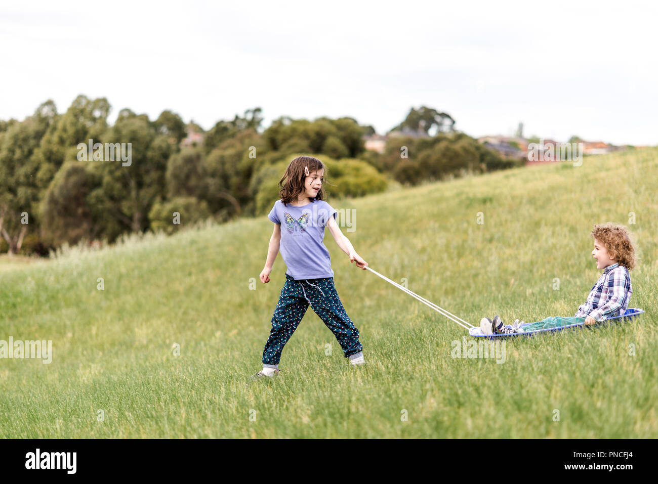 Kinder gras Rodeln auf einer Naturrodelbahn hinunter einen Hügel in einem Park Stockfoto