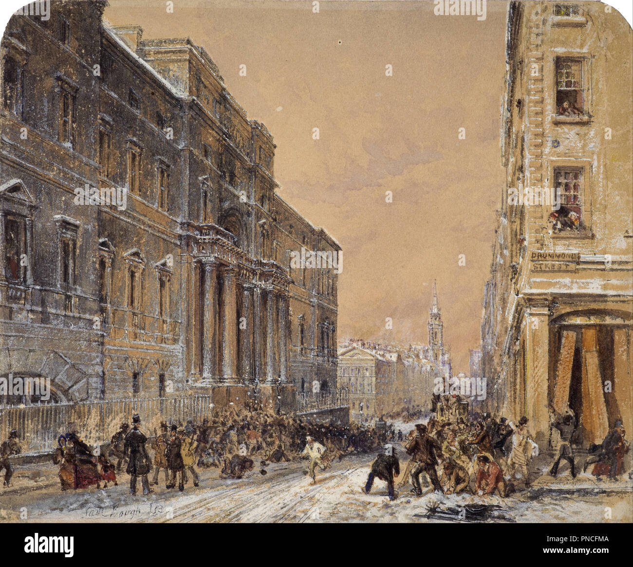Schneeballschlachten außerhalb der Universität Edinburgh. Datum/Zeitraum: 1853. Zeichnung. Aquarell auf Papier (mit abgerundete obere Ecken). Höhe: 184 mm (7.24 in); Breite: 224 mm (8,81 in). Autor: SAMUEL AST. Stockfoto