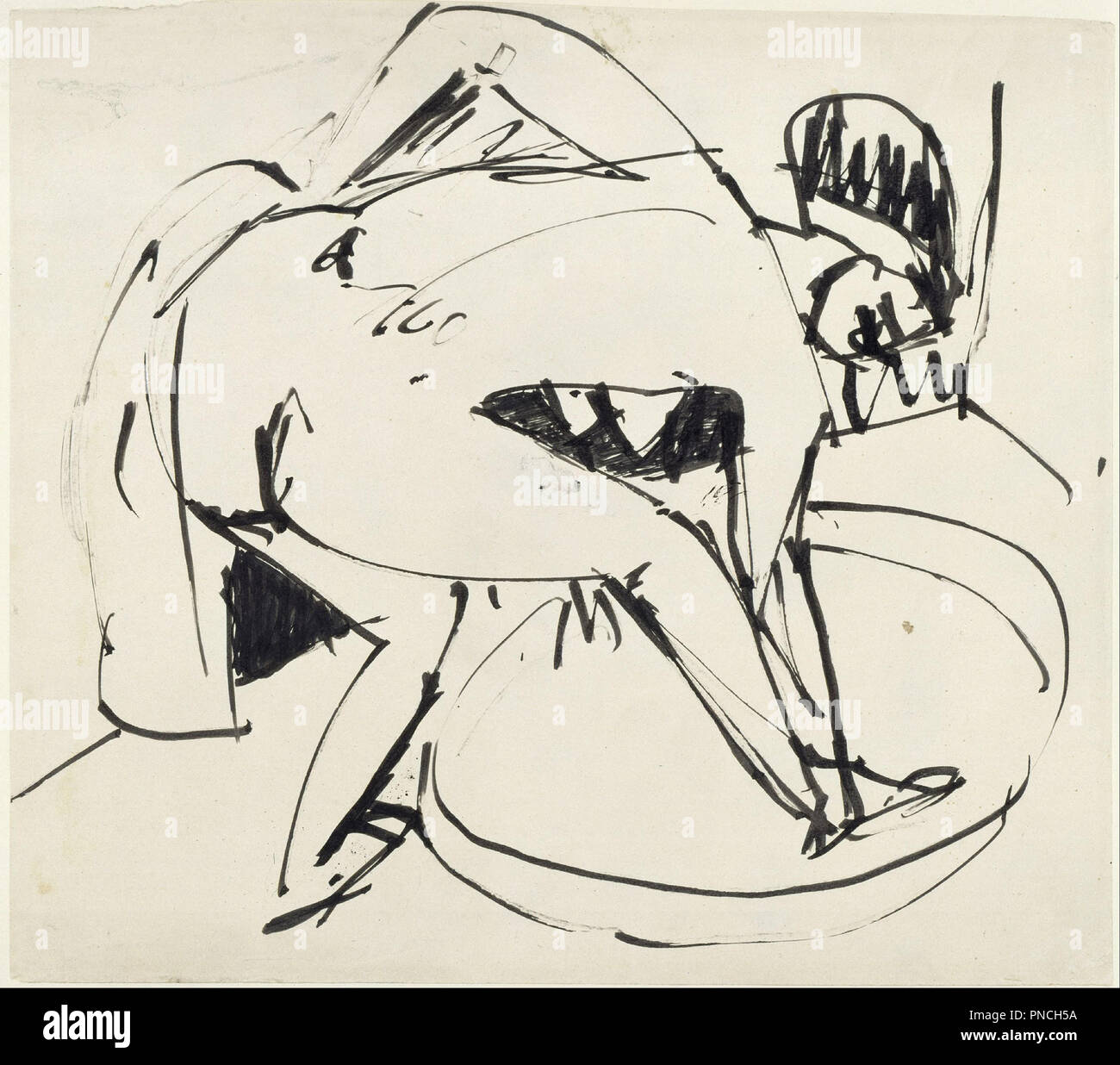 Mädchen in der Badewanne. Datum/Zeit: Ca. 1913. Papier. Rohrfeder und schwarze Tinte Rohrfeder und schwarze Tinte. Höhe: 335 mm (13.18 in); Breite: 380 mm (14.96 in). Autor: ERNST LUDWIG KIRCHNER. Stockfoto