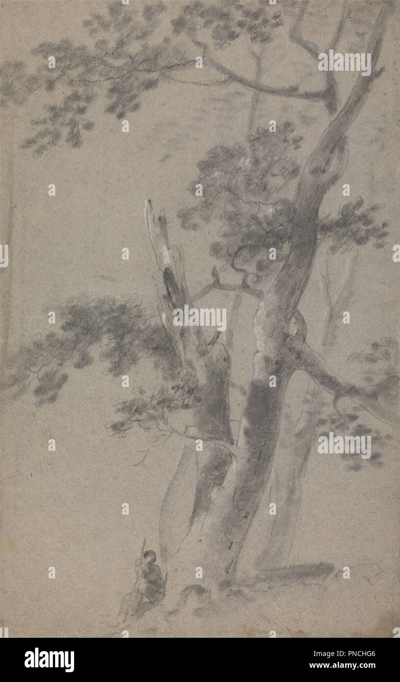 Hirten sitzen unter einem Baum. Zeichnung. Schwarze und weiße Kreide auf Mittel, grob texturiert, blau Bütten auf dickem, mäßig strukturiertem, creme Bütten montiert. Höhe: 400 mm (15,74 in); Breite: 251 mm (9,88 in). Autor: Richard Wilson. Stockfoto