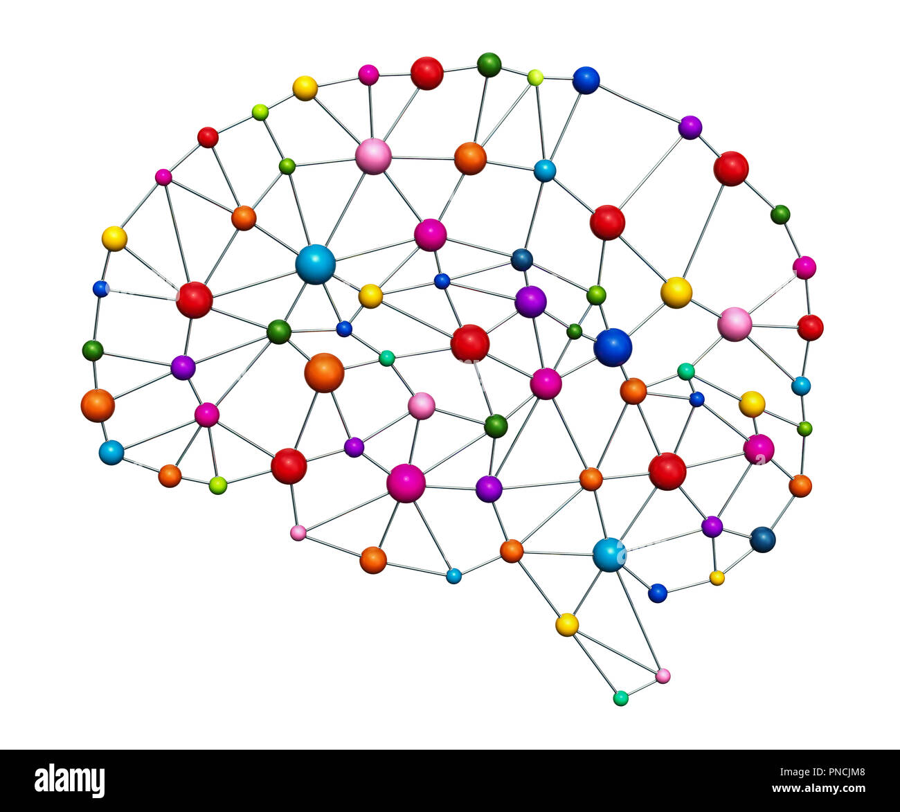 Kreative Gehirn Konzept. Gehirn aus Mesh und farbigen Kugeln, 3D-Rendering auf weißem Hintergrund Stockfoto