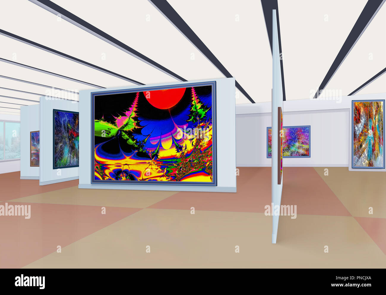 Abstrakten Gemälden der Winterlandschaft hängen an den Wänden und Platten in das Zimmer der Fotogalerie, außerhalb des Fensters gibt es Gebäude abgedeckt Stockfoto