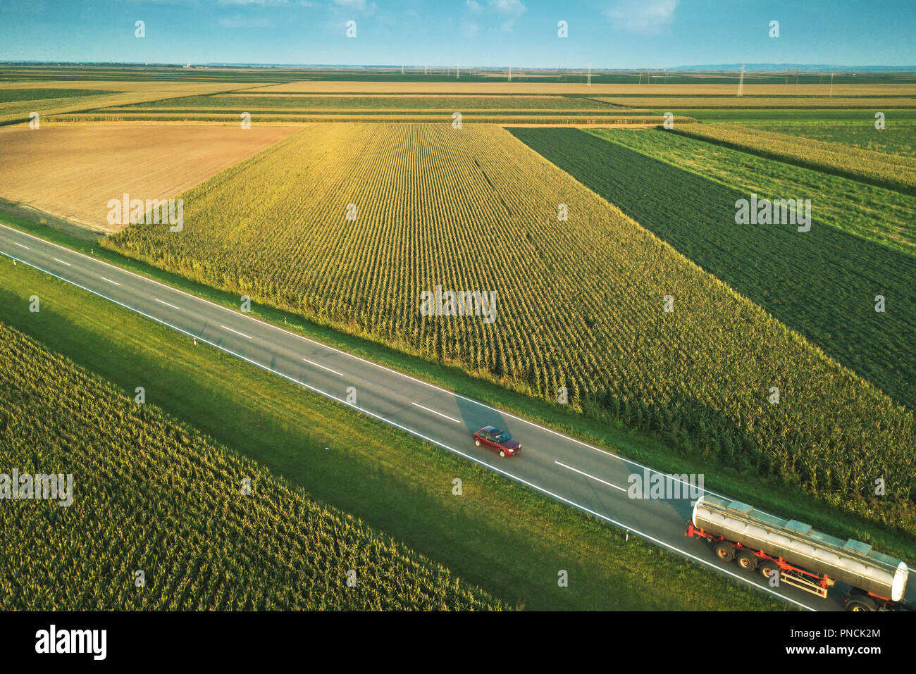 Luftaufnahme von zweispurigen Autobahn Straße durch Landschaft und kultivierten Feld von Mais im Sommer Sonnenuntergang Stockfoto