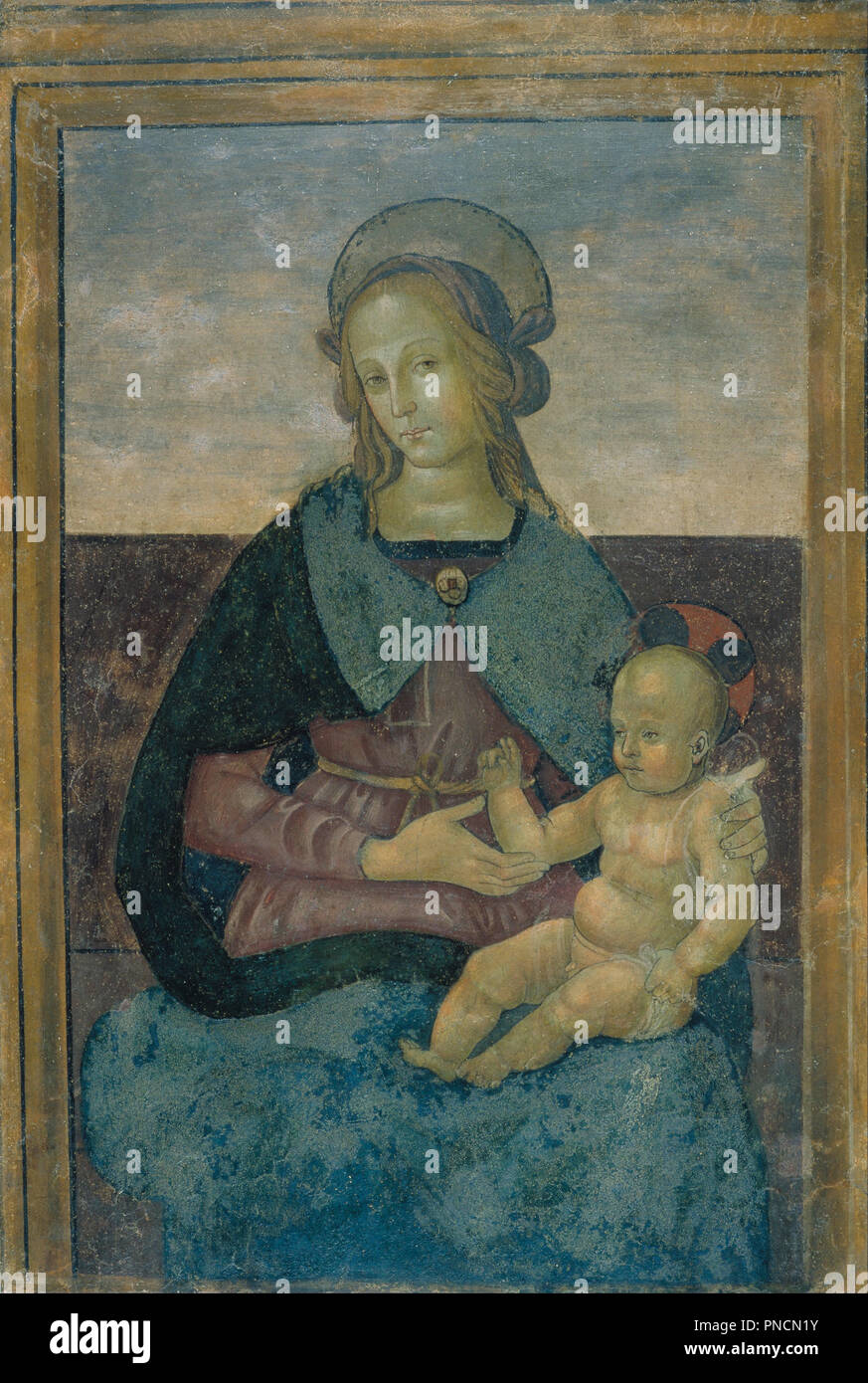 Jungfrau und Kind. Datum/Zeitraum: Im letzten Jahrzehnt des 15. Jahrhunderts. Malerei. Fresko auf die Leinwand übertragen. Höhe: 994 mm (39.13 in); Breite: 677 mm (26,65 in). Thema: Schule von Perugino. PINTURICCHIO. Stockfoto