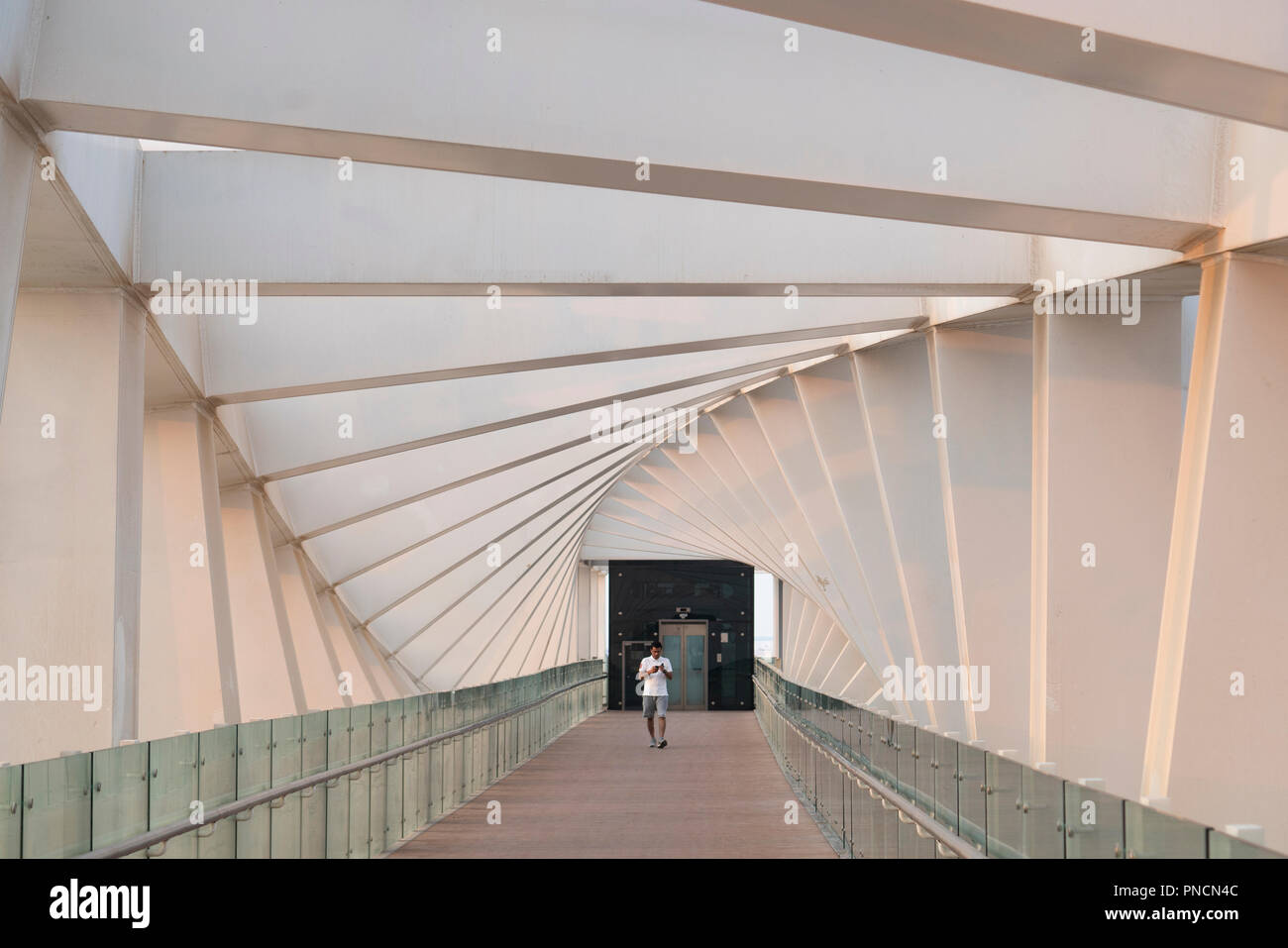 Ansicht der Fußgängerbrücke die neue Dubai Wasser Kanal überqueren einer Wasserstraße, die in Dubai Creek und das Meer verbindet. Vae, Vereinigte Arabische Emirate Stockfoto