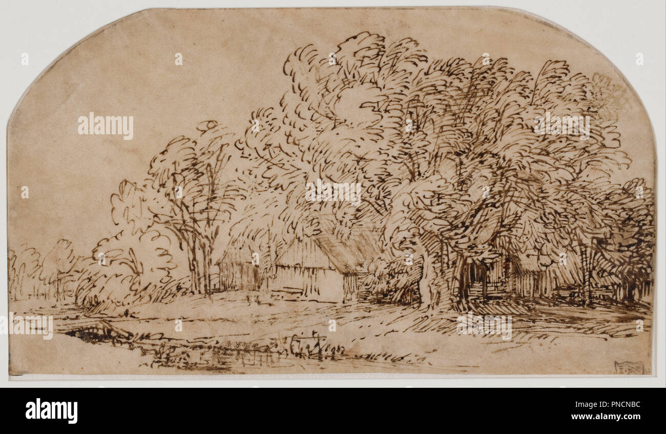 Landschaft mit Cottages unter hohen Bäumen. (Die "Hauch von Wind'). Datum/Zeitraum: von 1650 bis 1652. Zeichnung. Pen, braun Tinte und bräunlich Waschen auf Pergament. Höhe: 116 mm (4,56 in); Breite: 203 mm (7.99 in). Thema: Rembrandt, HARMENSZOON VAN RIJN. Stockfoto