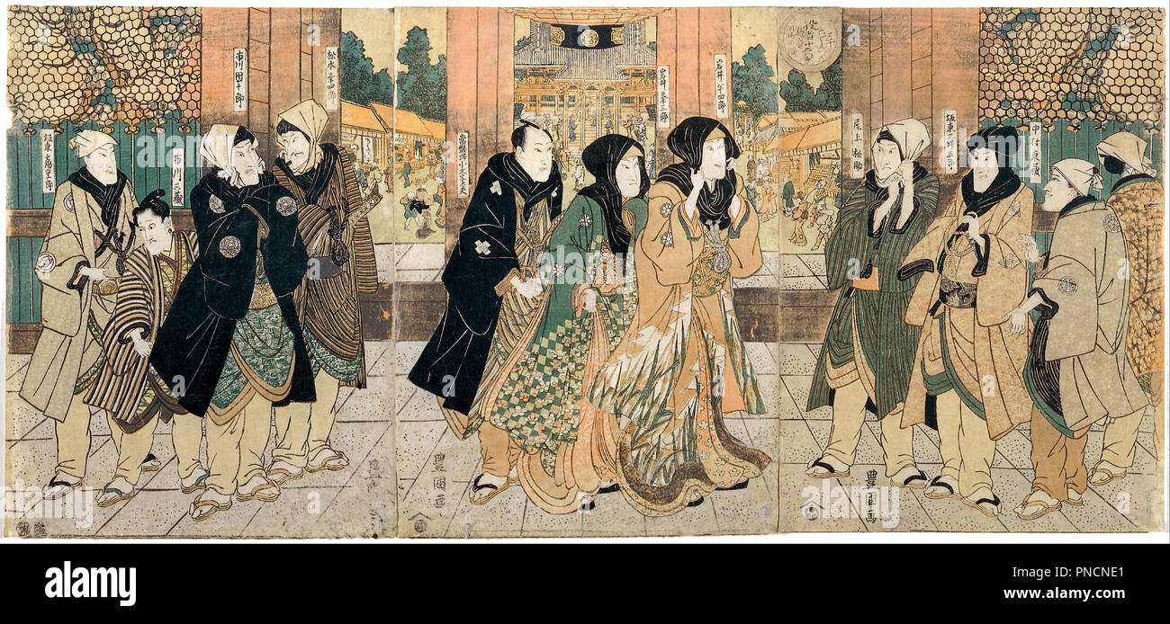 Das Kabuki Schauspielern (von links nach rechts) Bando Tsurujiro, Ichikawa nicht, Ichikawa Danjuro VII, Matsumoto Koshiro V, Tokiwazu Komonji - tayu, Iwai KumesaburoII, Iwai Hanjiro V, Onoe Katsusuke II, Mitsugoro Bando III Nakamura Tozo vor Asakusa Tempel, XI/1813. Datum/Zeitraum: 1813. Drucken. Farbe holzschnitt auf Papier, Triptychon. Höhe: 36.20 mm (1.42 in); Breite: 26,30 mm (1.03 in). Autor: Utagawa Toyokuni. Stockfoto