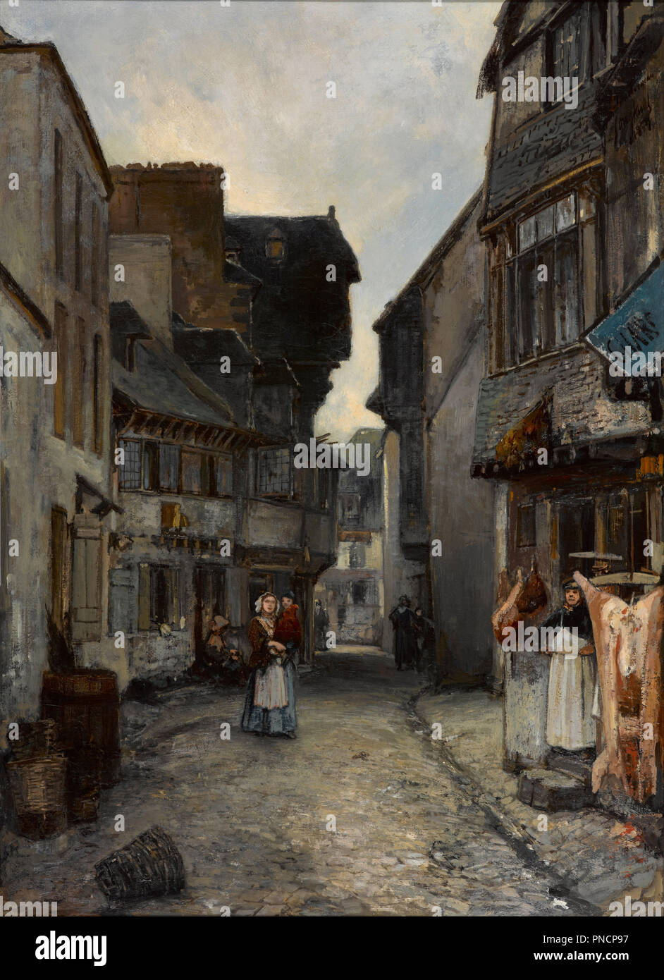 Eine Straße in Landerneau La Rue Saint-Thomas à Landerneau. Datum/Zeitraum: 1851. Malerei. Öl, Leinwand, Holz, mit, der, Ende, Jahrhunderts. Höhe: 708 mm (27,87 in); Breite: 622 mm (24,48 in). Thema: Johan Jongkind. JOHAN Barthold Jongkind,. Johan Barthold Jongkind. Stockfoto