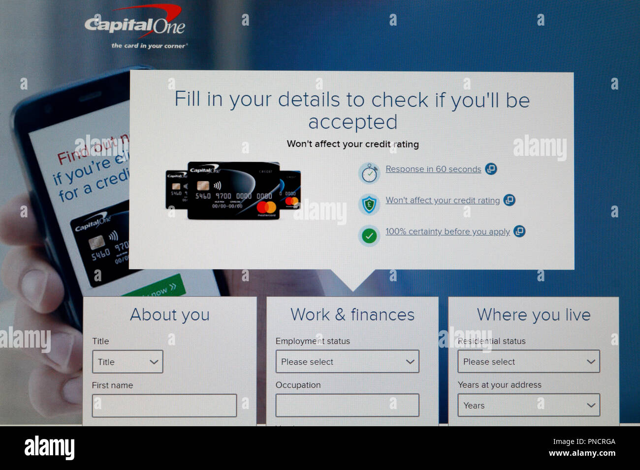 Screengrab, Capital One credit card Application website Stockfoto
