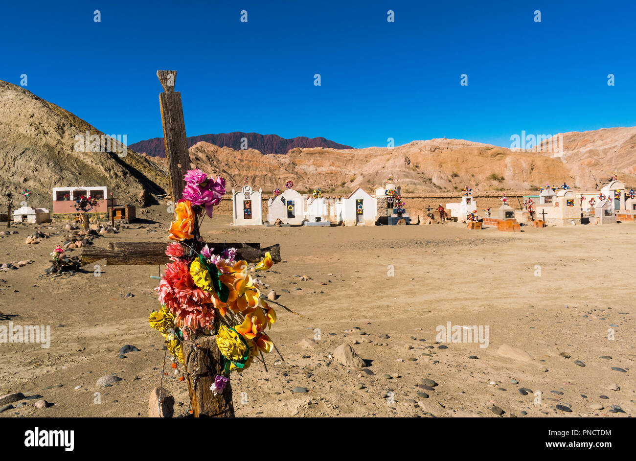 Ein Kreuz mit Blumen in einem alten Friedhof, in der Wüste, zwischen Cahi und San Carlos in der Provinz Salta, Argentinien Stockfoto