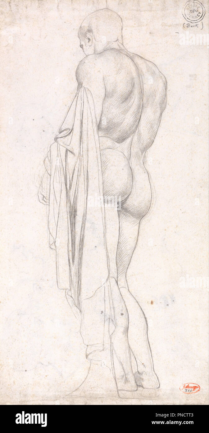 Rückansicht eines Ständigen Klassische männliche Figur. Zeichnung. Graphit auf Medium, mäßig strukturiertem, creme Bütten. Höhe: 508 mm (20 in); Breite: 264 mm (10.39 in). Autor: George Romney. Stockfoto