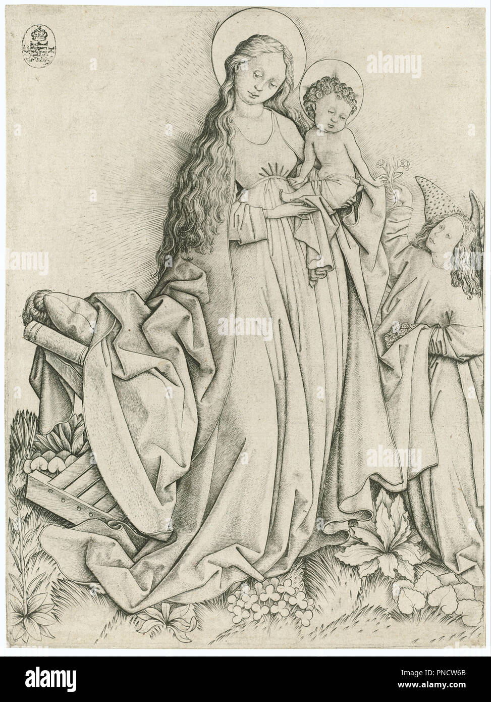 Madonna mit Engel und Rosen. Datum/Zeitraum: 1420 - 1468. Kupferstich. Höhe: 210 mm (8.26 in); Breite: 156 mm (6.14 in). Autor: Meister E.S. Stockfoto