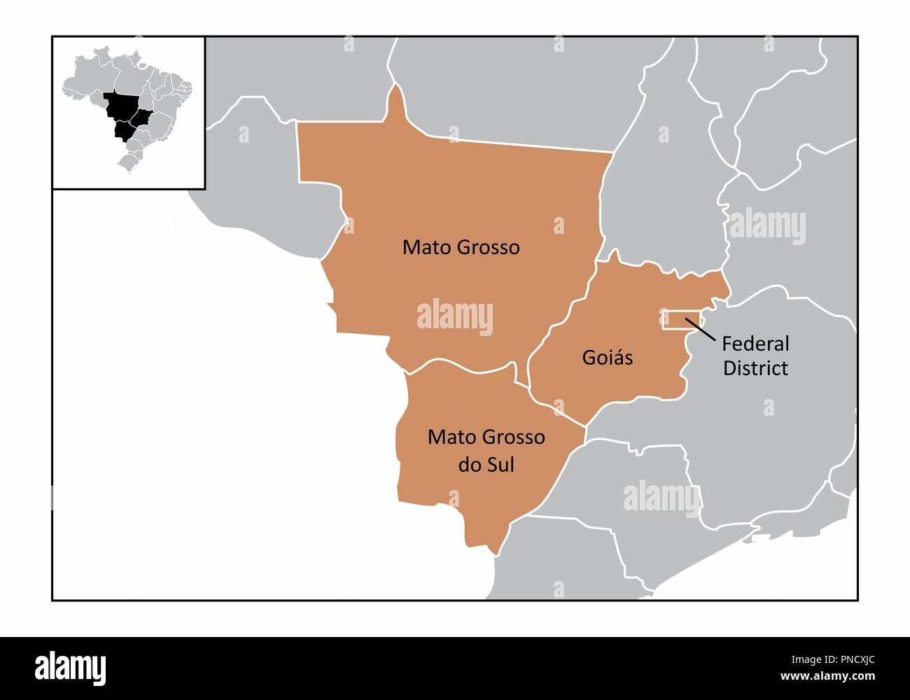 Karte von der Mitte-West Region Brasiliens mit der identifizierten Staaten Stock Vektor