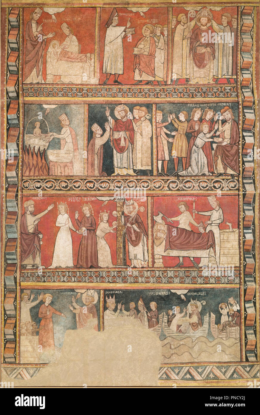 Das Leben des Heiligen Nikolaus. Datum/Zeitraum: Ende des 13. Jahrhunderts. Malerei. Fresko auf die Leinwand übertragen. Höhe: 4.560 mm (7.54 ft); Breite: 3,065 mm (10.05 ft). Thema: Zweite Meister der Hausdetails. Stockfoto