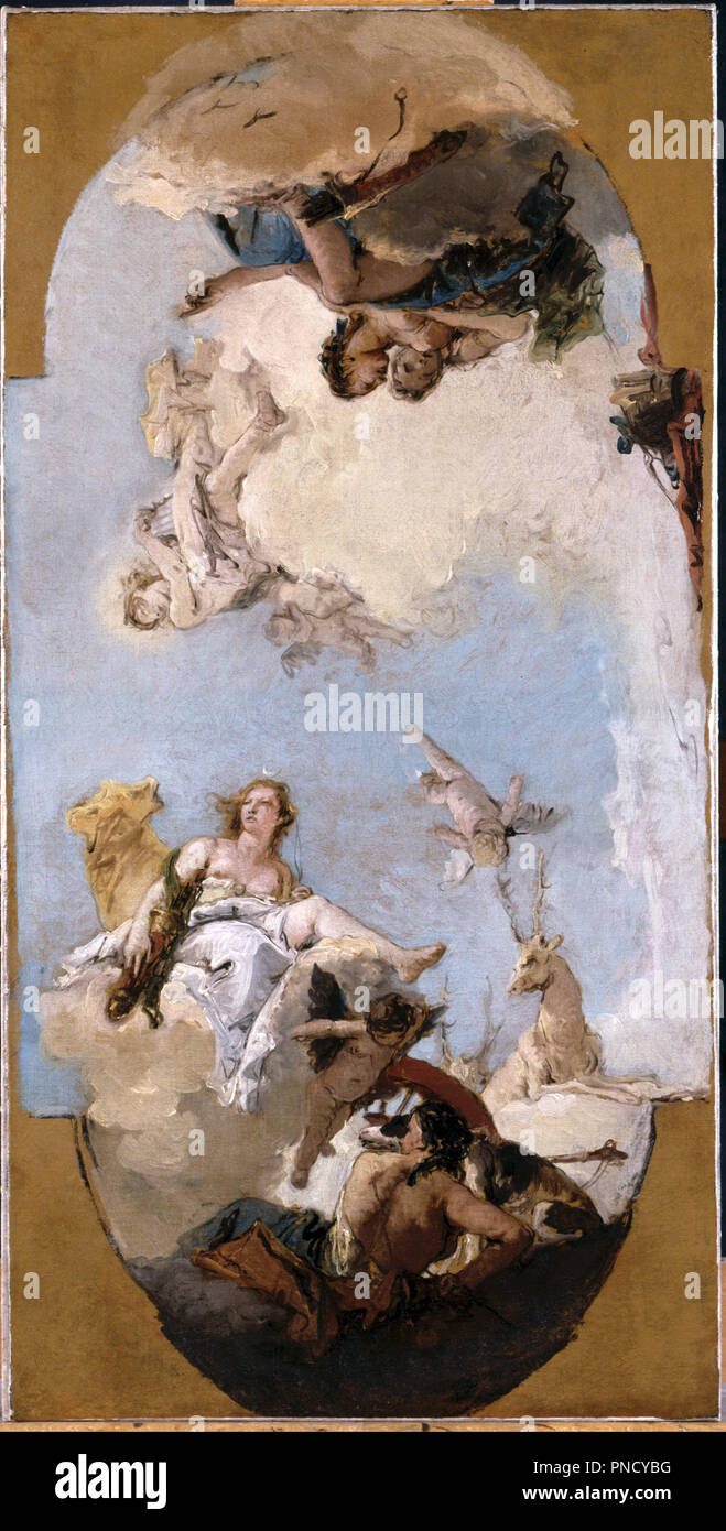 Diana, Apollo und Nymphen. Datum/Zeit: Ca. 1750. Malerei. Öl auf Leinwand. Höhe: 333 mm (13.11 in); Breite: 330 mm (12.99 in). Autor: Giovanni Battista Tiepolo. Stockfoto