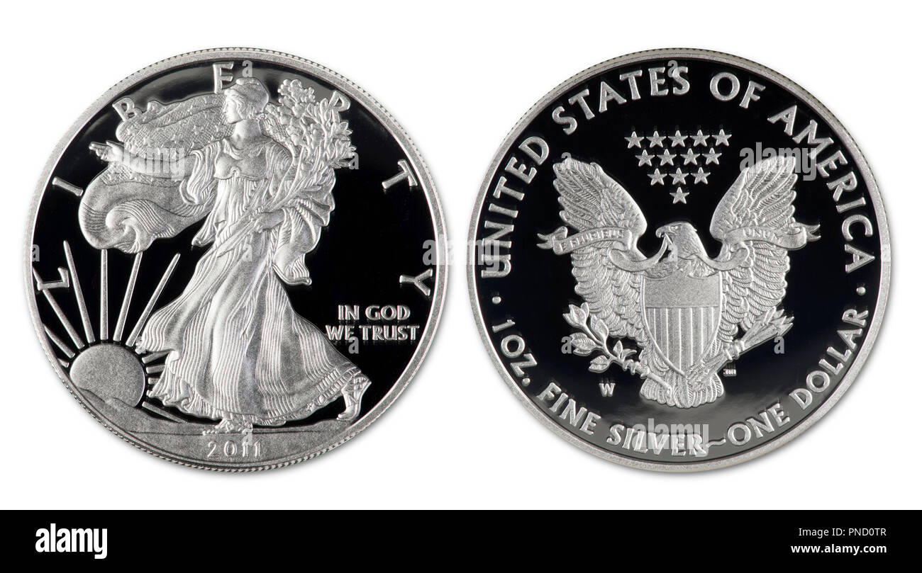 2011 Silver Eagle Dollar proof Münze zeigt beide Seiten. Stockfoto