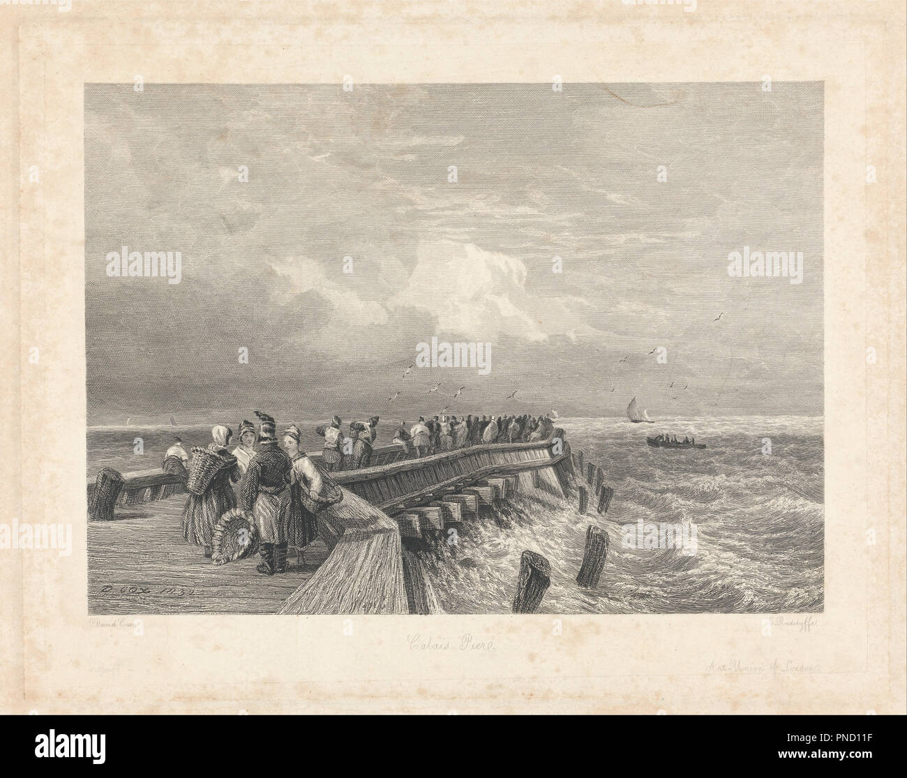 Calais Pier. Datum/Zeit: Nach 1832. Marine Art Radierung auf Medium, Sahne, smoothe webte Papier. Höhe: 184 mm (7.24 in); Breite: 257 mm (10.11 in). Autor: EDWARD RADCLYFFE. Stockfoto