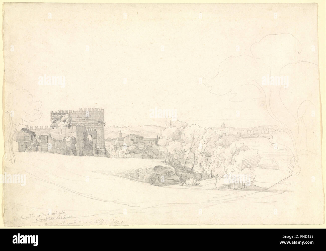 Via Appia Antica und das Grabmal der Caecilia Metella. Datum/Zeitraum: 1824. Zeichnung. Graphit. Höhe: 293 mm (11,53 in); Breite: 420 mm (16.53 in). Autor: Ernst Fries. Stockfoto