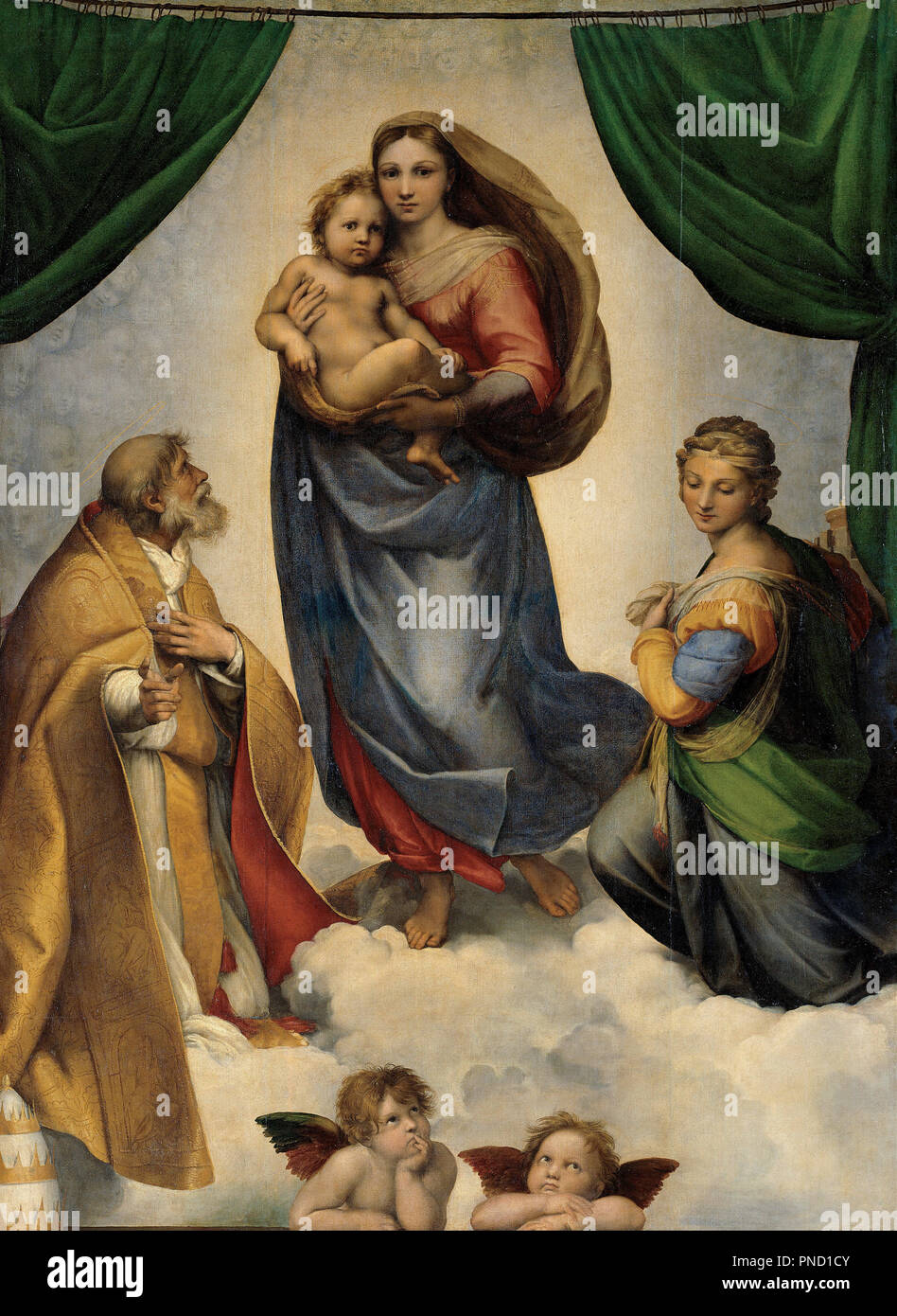 Die Sixtinische Madonna. Datum/Zeitraum: 1512 - 1513. Malerei. Höhe: 2.695 mm (106.10); Breite: 2.010 mm (79.13 in). Autor: RAPHAEL. Raphael (Raffaello Sanzio da Urbino). Stockfoto