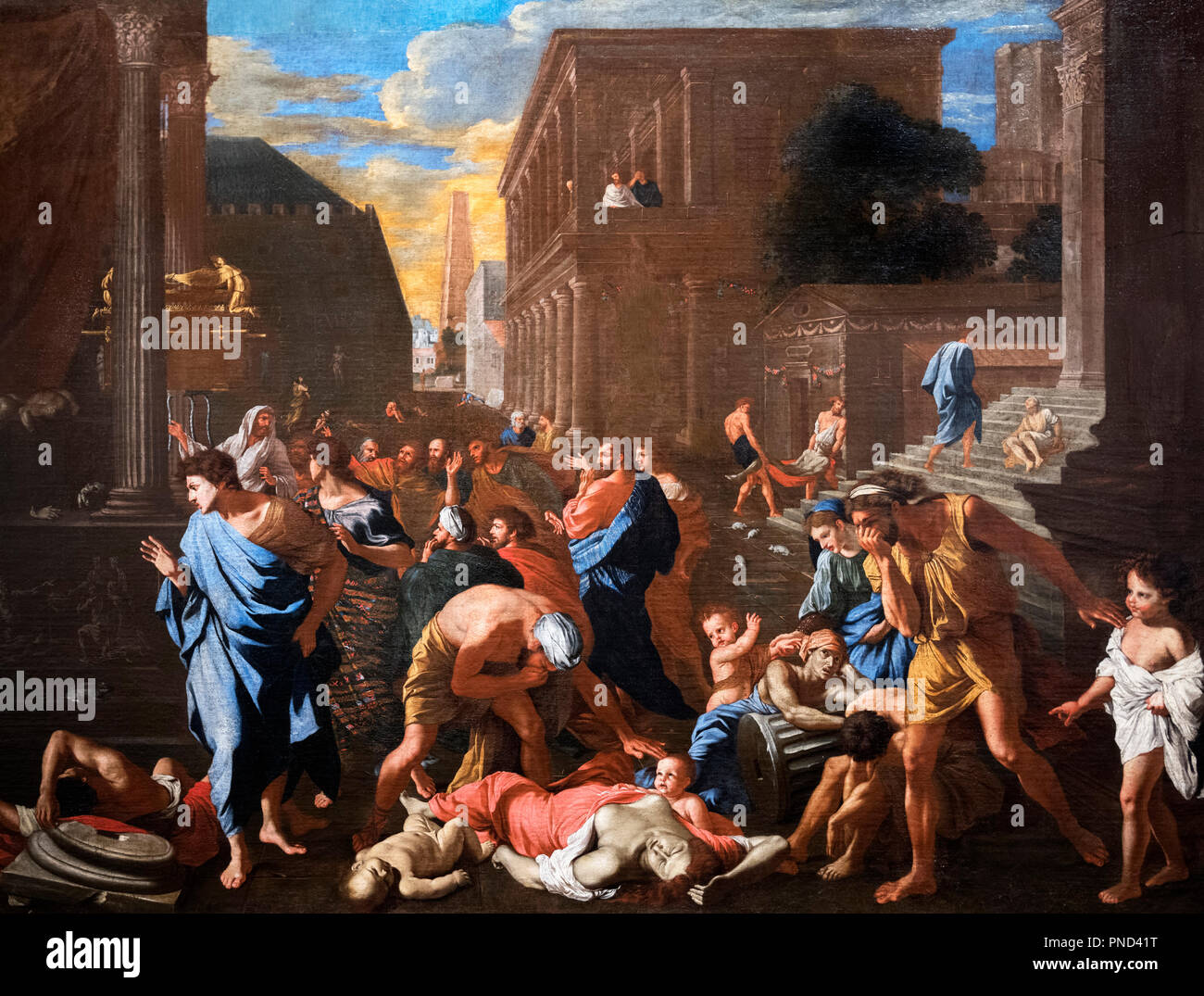 Die philister von der Pest befallen zu Asdod von Nicolas Poussin (1594-1665), Öl auf Leinwand, kopieren oder Workshop Malerei nach einem Original aus dem Jahr 1630. Stockfoto