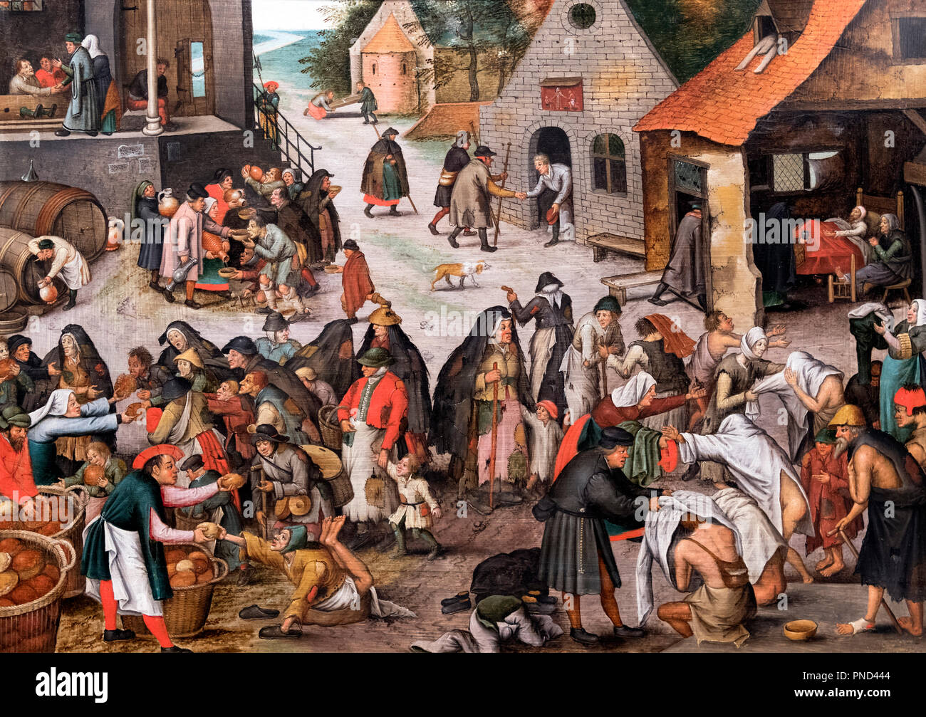 Die sieben Taten der Barmherzigkeit, kopieren nach oder von der Werkstatt von Pieter Brueghel der Jüngere (1564-1638), Öl auf Eichenholz, 1600-1650 Stockfoto