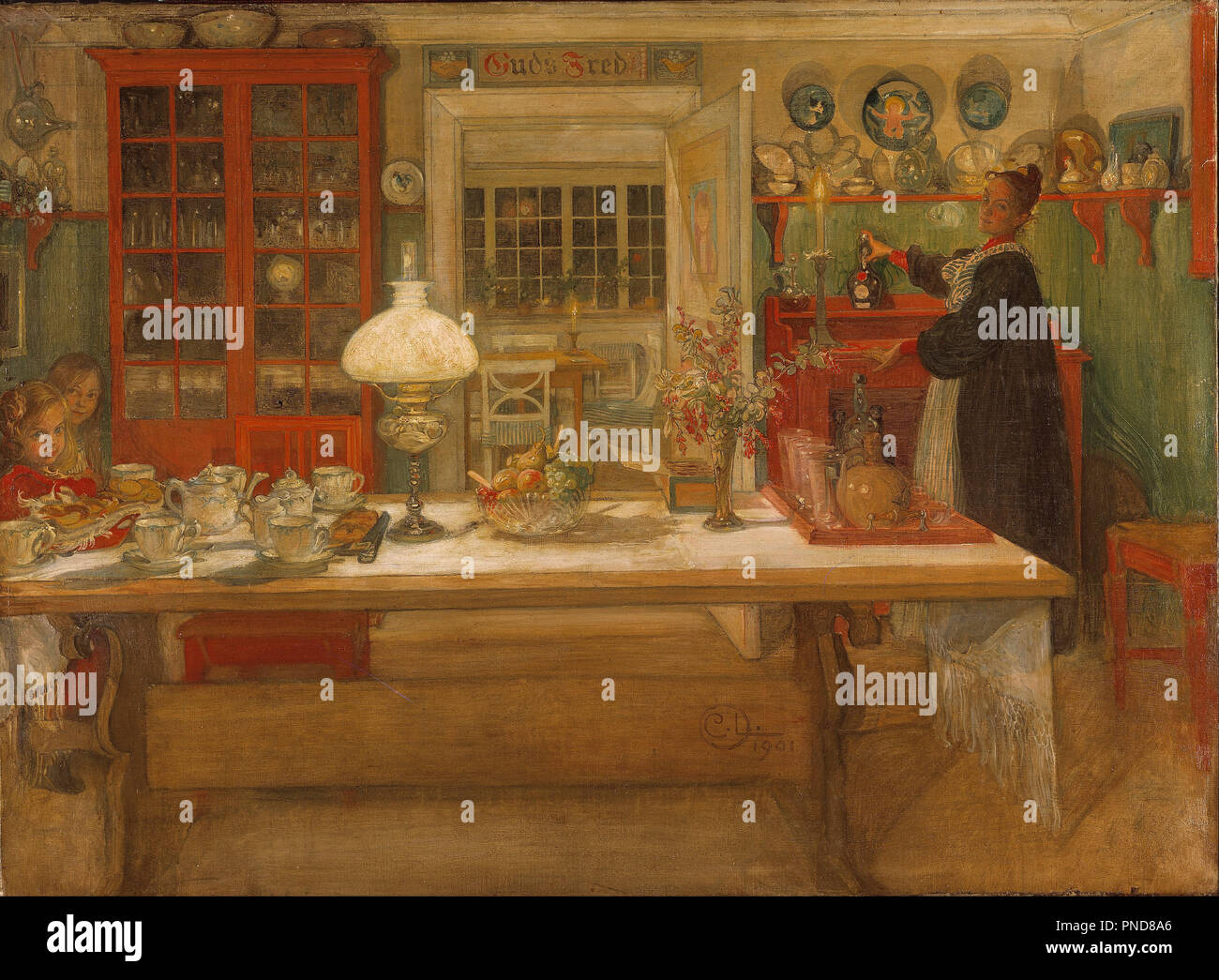 Bis en lite Vira immer bereit für ein Spiel. Datum/Zeitraum: 1901. Malerei. Öl auf Leinwand. Höhe: 680 mm (26,77 in); Breite: 920 mm (36.22 in). Autor: Carl Larsson. LARSSON, Carl. Stockfoto