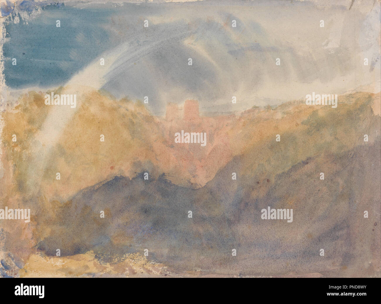 Crichton Castle (bergige Landschaft mit Regenbogen). Datum/Zeit: Ca. 1818. Malerei. Aquarell. Höhe: 200 mm (7,87 in); Breite: 264 mm (10.39 in). Autor: J. M. W. Turner. Stockfoto