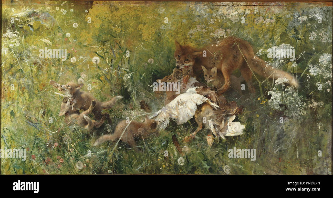 Rävfamilj ein Fuchs Familie. Datum/Zeitraum: 1886. Malerei. Öl auf Leinwand. Höhe: 1.120 mm (44.09 in); Breite: 2.180 mm (85.82 in). Autor: Bruno Liljefors. Stockfoto