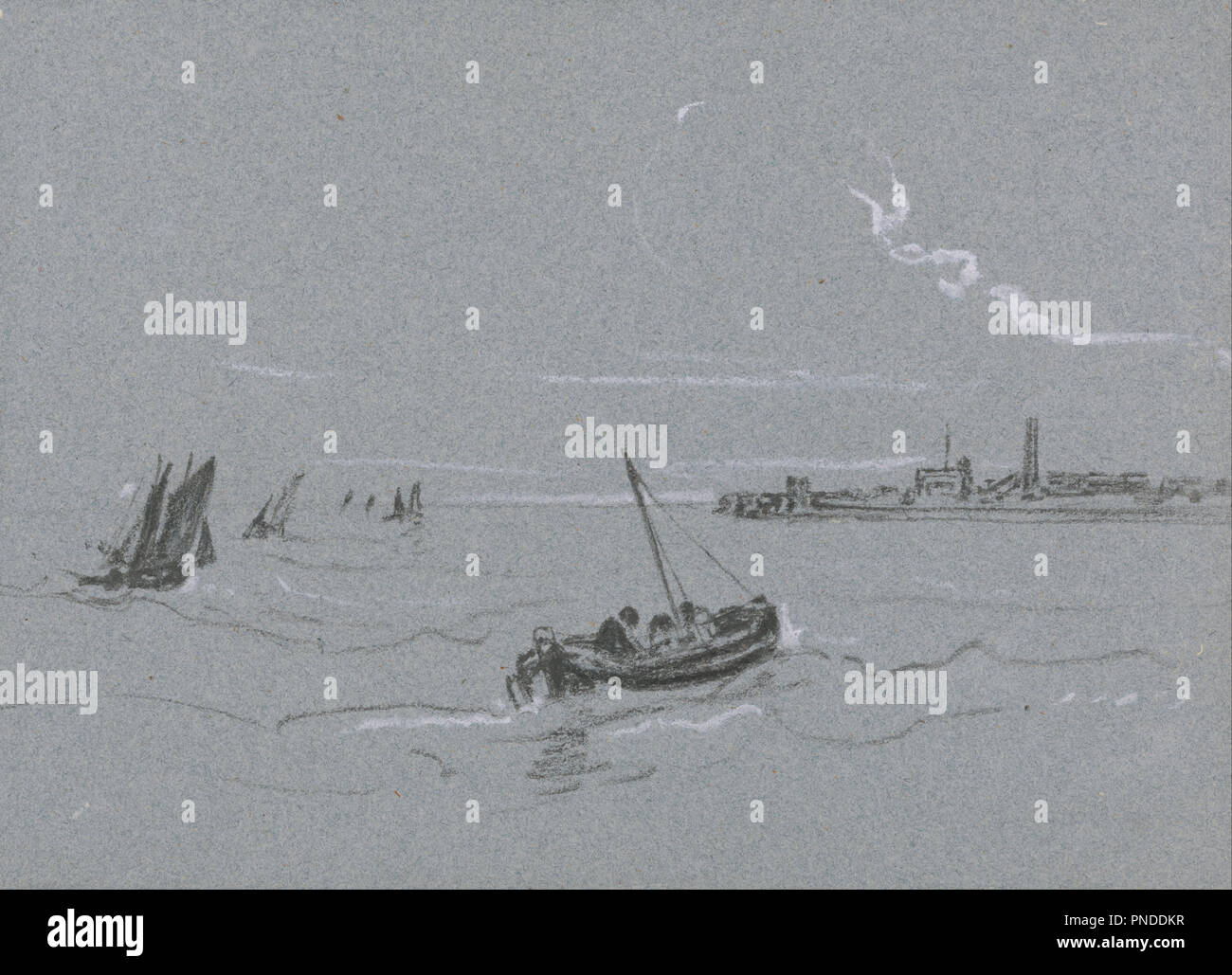 Meer studieren. Zeichnung. Schwarze und weiße Kreide auf Blau, mäßig dick, mäßig strukturierten webte Papier. Höhe: 165 mm (6,49 in); Breite: 229 mm (9.01 in). Autor: Peter DeWint. Stockfoto