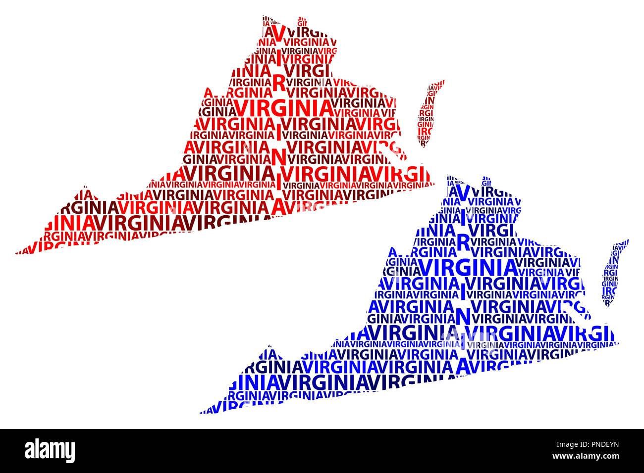 Skizze, Virginia (Vereinigte Staaten von Amerika) schreiben Text Karte, Virginia map - in der Form des Kontinents, Karte des Commonwealth von Virginia - Rot und Blau Stock Vektor