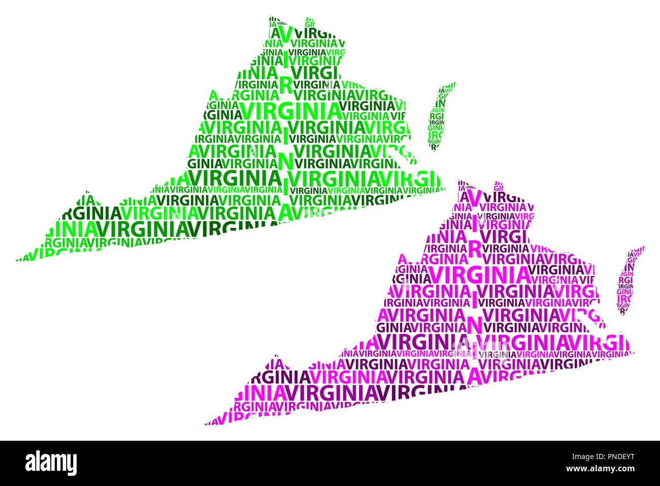 Skizze, Virginia (Vereinigte Staaten von Amerika) schreiben Text Karte, Virginia map - in der Form des Kontinents, Karte des Commonwealth von Virginia - grün und pur Stock Vektor