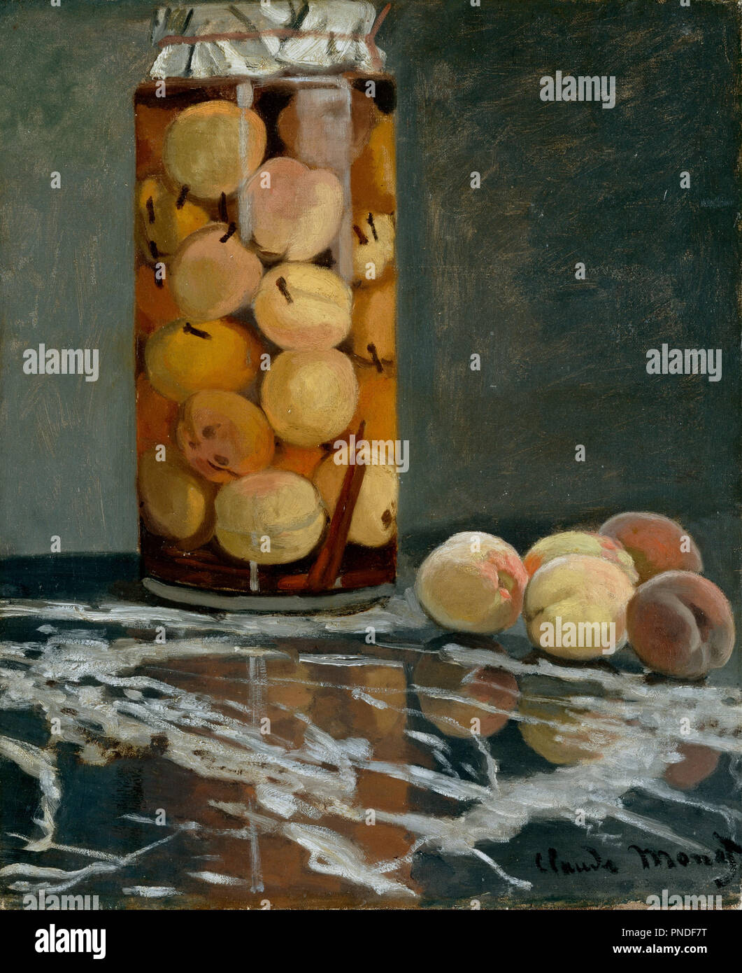 Jar von Pfirsichen. Datum/Zeit: Ca. 1866. Malerei. Öl auf Leinwand. Höhe: 555 mm (21.85 in); Breite: 460 mm (18.11 in). Autor: CLAUDE MONET. Stockfoto