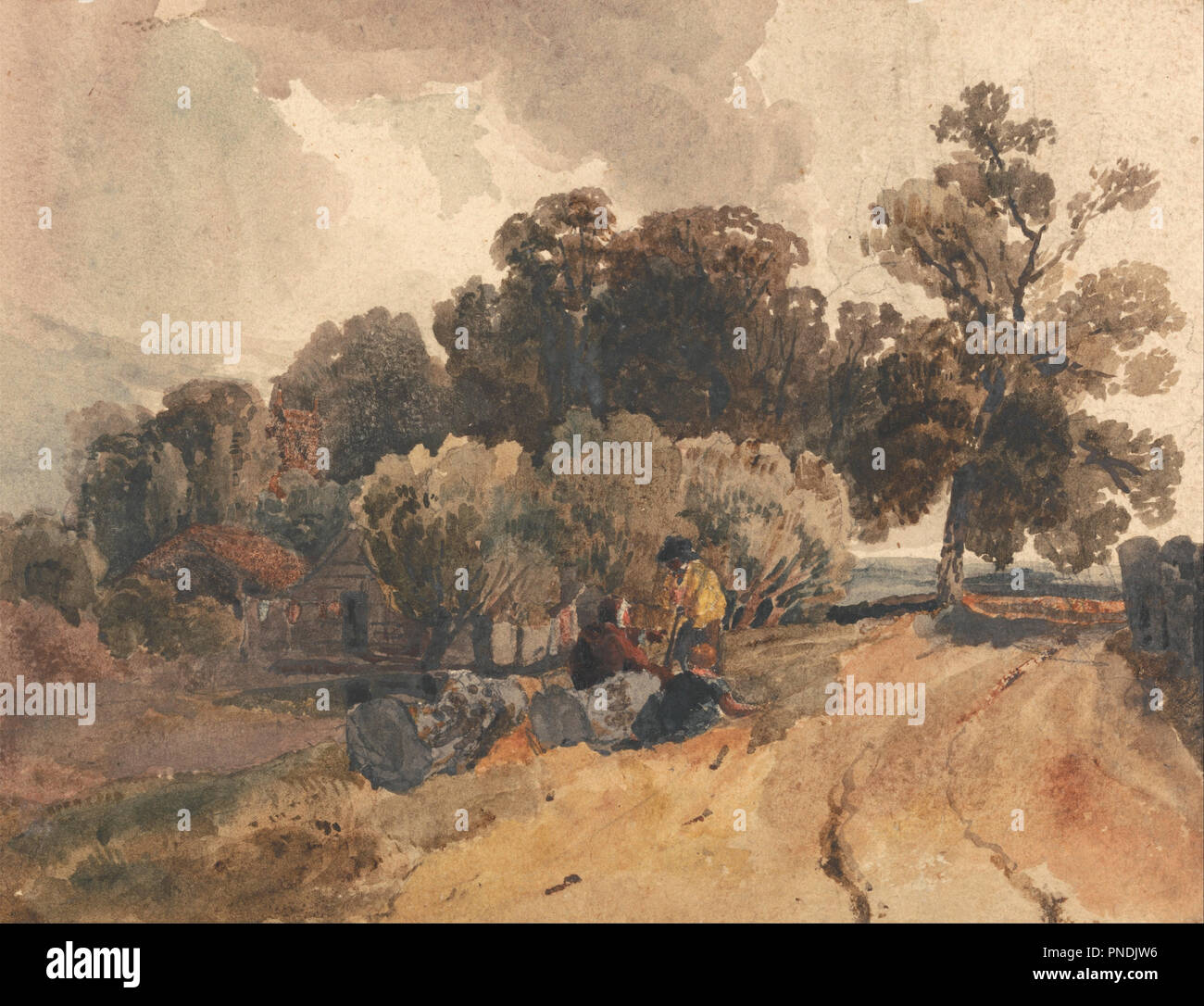 Auf der Strecke. Zeichnung. Aquarell und Gouache über Graphit auf Dicke, beige, raue webte Papier. Höhe: 184 mm (7.24 in); Breite: 241 mm (9.48 in). Autor: Peter DeWint. Stockfoto