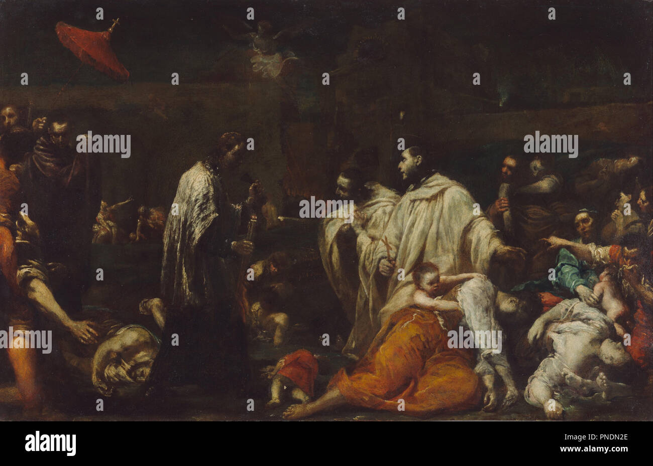 Bernhard Tolomei und die Pest in Siena. Datum/Zeit: Ca. 1735. Malerei. Öl auf Kupfer. Höhe: 427 mm (16.81 in); Breite: 667 mm (26,25 in). Thema: Giuseppe Crespi. Stockfoto