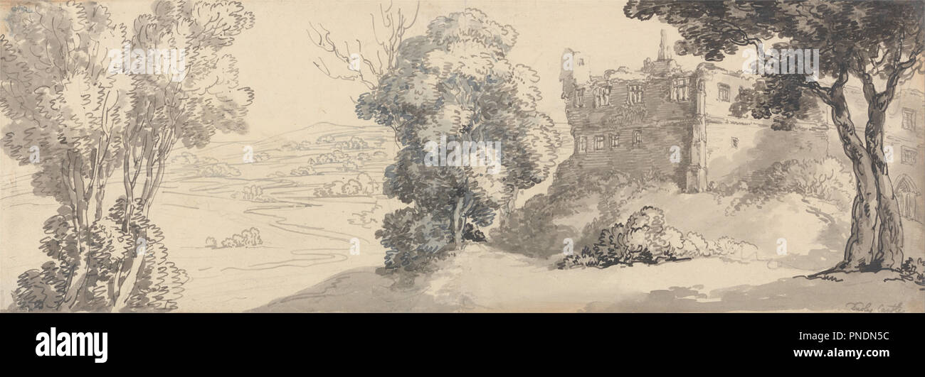 Dudley Castle. Landschaft. Aquarell mit Feder und schwarzer und grauer Tinte und waschen über Graphit; Verso: Graphit auf Medium, leicht strukturierte, gebläute weiß, webten Papier. Höhe: 148 mm (5.82 in); Breite: 427 mm (16.81 in). Autor: Thomas Rowlandson. Stockfoto