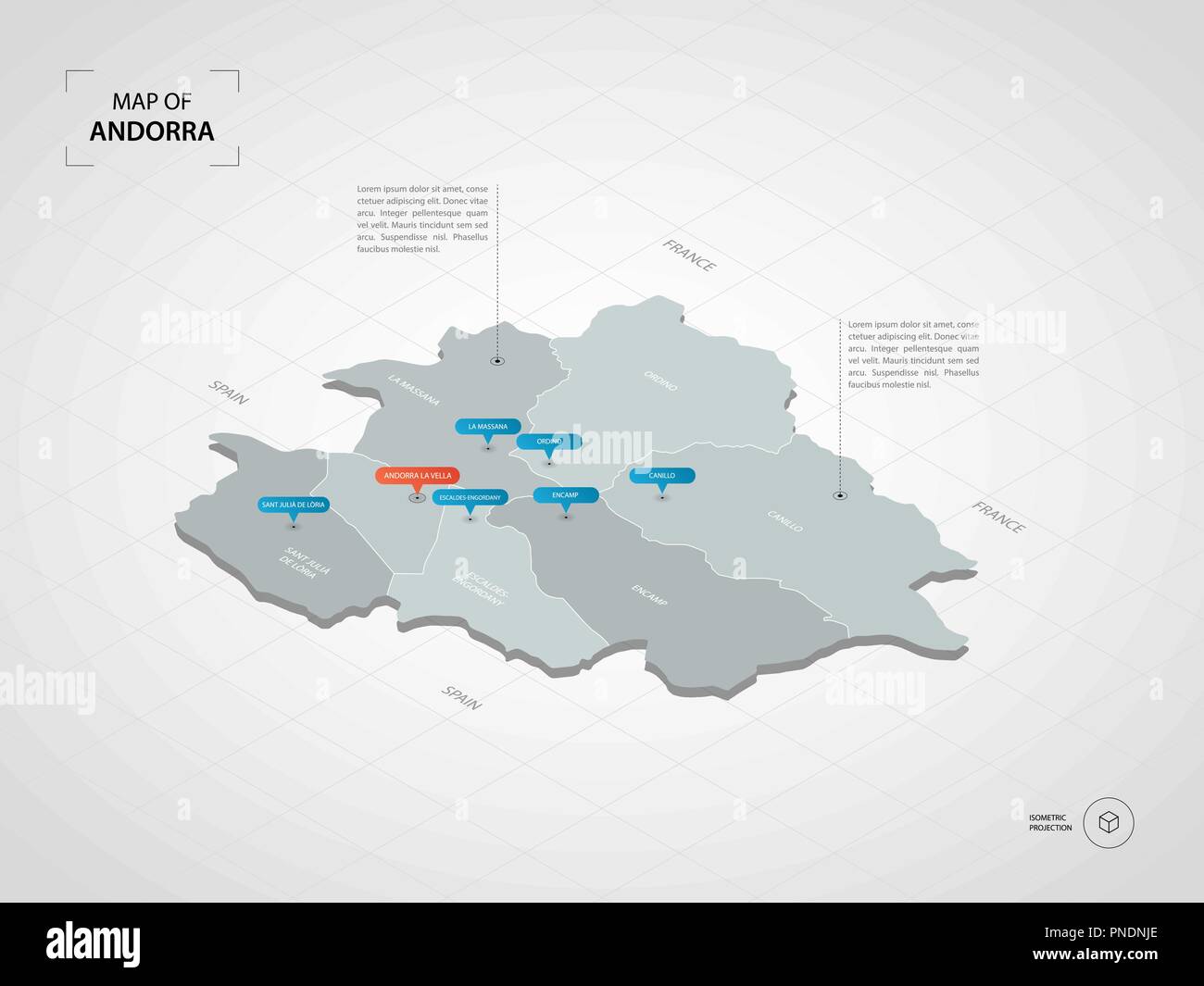 Isometrische 3D-Andorra Karte. Stilisierte Vektorkarte Abbildung mit Städten, Ländergrenzen, Kapital, administrative divisions und Zeiger markiert; Gradient backgr Stock Vektor