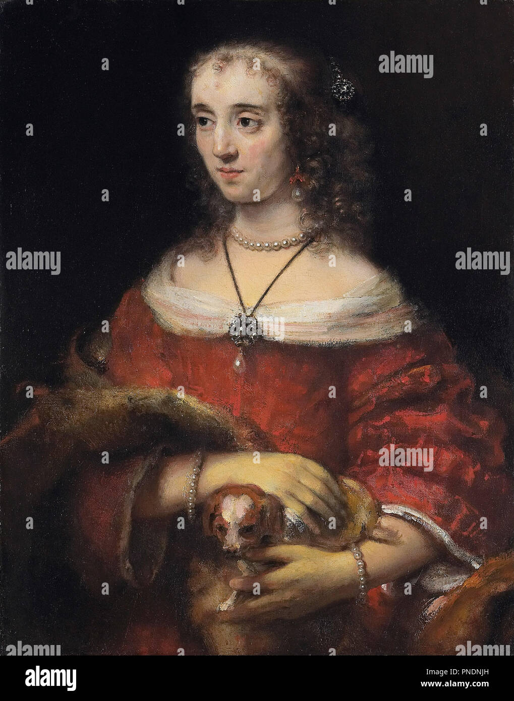 Bildnis einer Dame mit Schoßhund. Datum/Zeit: Ca. 1665. Unbekannt. Öl auf Leinwand. Höhe: 81,3 cm (32"); Breite: 64,1 cm (25,2 in). Thema: Rembrandt, HARMENSZOON VAN RIJN. REMBRANDT HARMENSZOON VAN RIJN. Rembrandt van Rhijn. Stockfoto