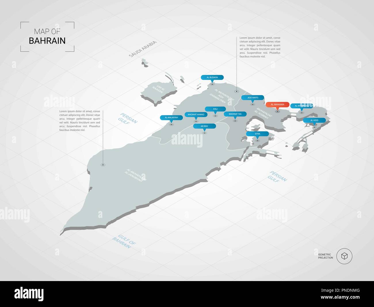 Isometrische 3D-Bahrain Karte. Stilisierte Vektorkarte Abbildung mit Städten, Ländergrenzen, Kapital, administrative divisions und Zeiger markiert; Gradient backgr Stock Vektor