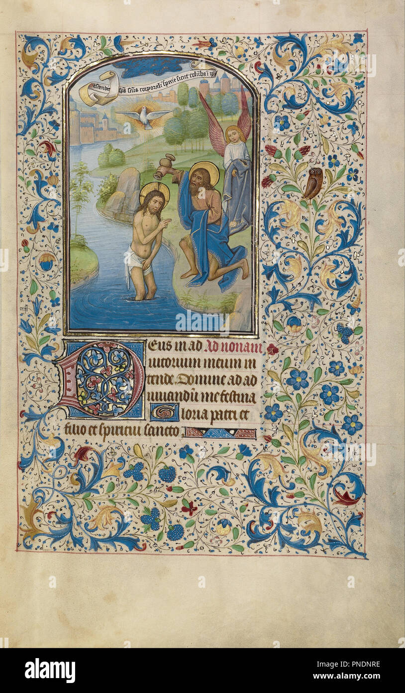 Die Taufe Christi. Datum/Zeitraum: Anfang 1460 s. Folio. Tempera Farben, Blattgold, und Tusche auf Pergament. Höhe: 256 mm (10.07 in); Breite: 173 mm (6,81 in). Autor: Willem Vrelant. Stockfoto