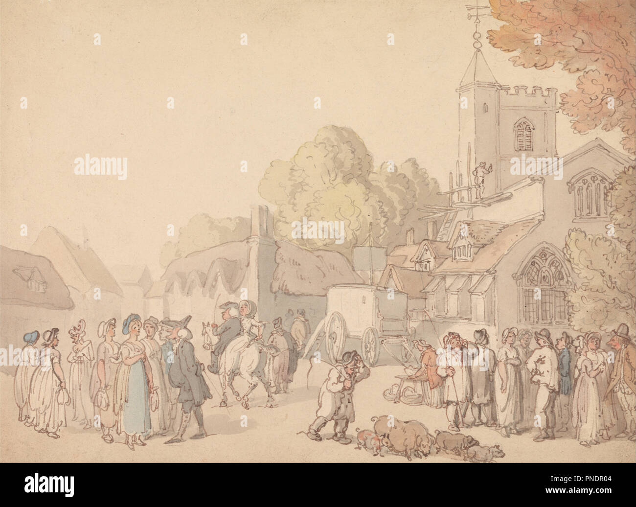 Ein Dorf Szene außerhalb einer Kirche. Malerei. Aquarell. Höhe: 184 mm (7.24 in); Breite: 254 mm (10 in.). Autor: Thomas Rowlandson. Stockfoto