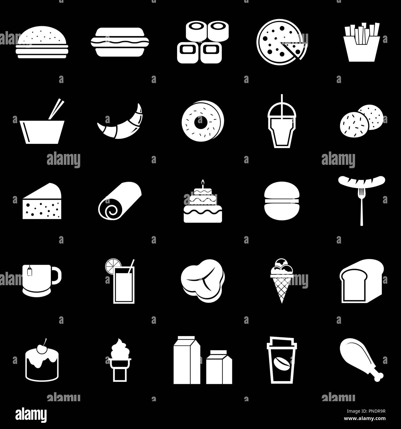 Beliebte speisen Symbole auf schwarzem Hintergrund, Vektor Stock Vektor