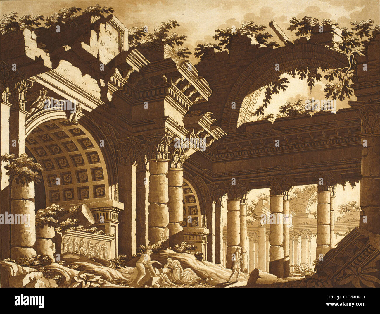 Ruinen eines Tempels. Datum/Zeit: Nach 1817. Gravur. Radierung und Aquatinta auf Papier. Höhe: 293 mm (11,53 in); Breite: 385 mm (15.15 in). Autor: Lodovico Pozzetti. Stockfoto