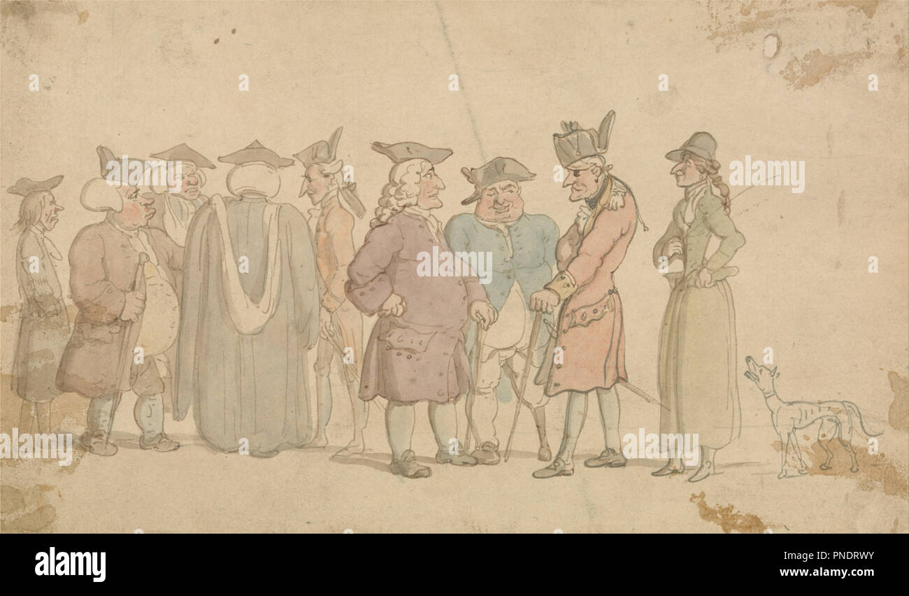 Eine Gruppe von Figuren. Datum/Zeit: Ca. 1820. Genre betrifft. Aquarell mit Stift und rot-braune und graue Tinte auf Medium, leicht strukturierte webte Papier auf matte Board montiert, mit Gold Papier mit roten und braunen Tinte Grenzen. Höhe: 111 mm (4.37 in); Breite: 186 mm (7.32 in). Autor: Thomas Rowlandson. Stockfoto
