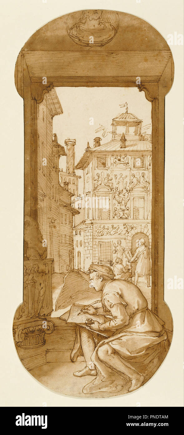 Taddeo Zeichnung nach der Antike; im Hintergrund das Kopieren einer Fassade von Polidoro. Datum/Zeit: Ca. 1595. Zeichnung. Pen und Braun, Pinsel mit braunen Waschen, über Schwarze Kreide und berührt von rötel. Höhe: 423 mm (16,65 in); Breite: 175 mm (6.88 in). Autor: Federico Zuccaro. Stockfoto