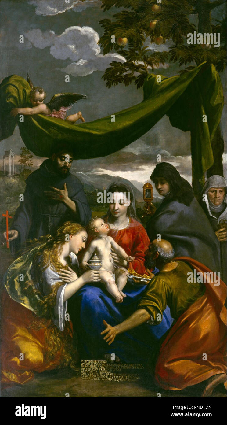 Jungfrau und Kind mit der Heiligen Maria Magdalena, Petrus, Clare, Franziskus, und einer Äbtissin. Datum/Zeitraum: 1600/1699. Malerei. Öl auf Leinwand. Breite: 161,6 cm. Höhe: 281,6 cm (ohne Rahmen). Autor: Scarsellino. Stockfoto