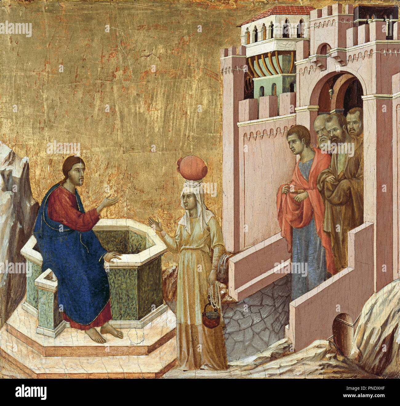 Christus und die Samariterin. Datum/Zeitraum: von 1310 bis 1311. Malerei. Tempera und Gold auf. Höhe: 43,5 cm (17,1 in); Breite: 46 cm (18.1 in). Autor: Duccio di Buoninsegna. Stockfoto