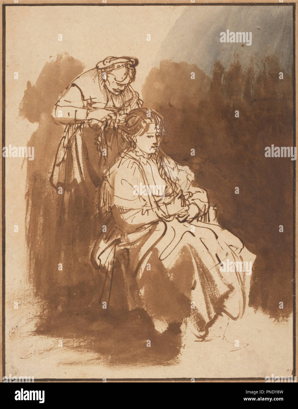 Eine junge Frau, die ihre Haare geflochten, C. 1635. Datum/Zeit: Ca. 1635. Feder und Tinte Braun, Braun und Grau waschen (das graue Tinte von einer späteren Hand). Thema: Rembrandt, HARMENSZOON VAN RIJN. Rembrandt van Rhijn. REMBRANDT HARMENSZOON VAN RIJN. Stockfoto